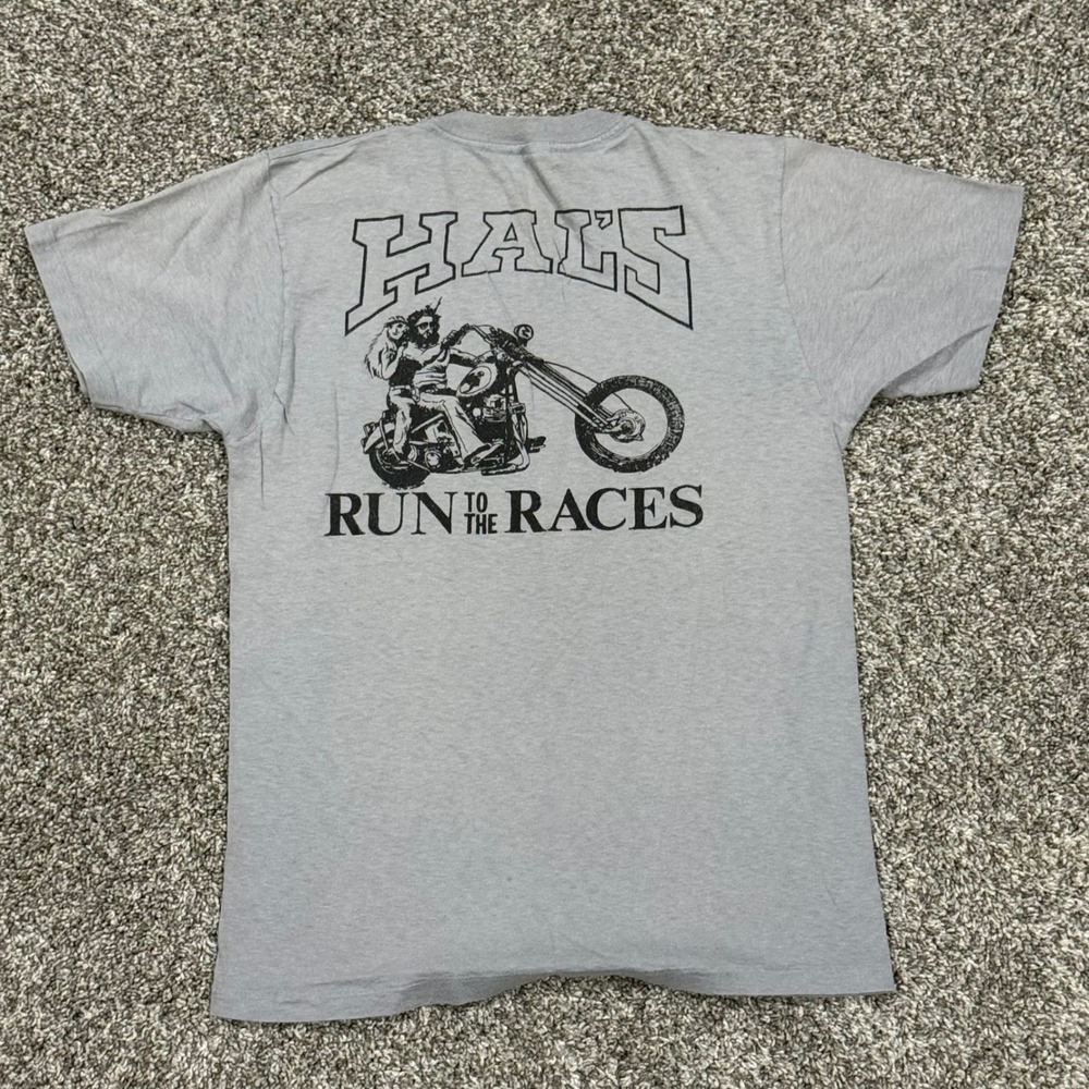 Vintage 80s Harley Davidson Motorcycle Racing Elkhorn WI T-Shirt Grey Mens M USA - Picture 3 of 6